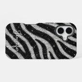 Silver Glitter Zebra Print Glam Personalized Name iPhone 16 Hülle (Rückseite (Horizontal))