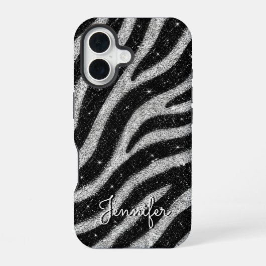Silver Glitter Zebra Print Glam Personalized Name iPhone 16 Hülle (Rückseite)