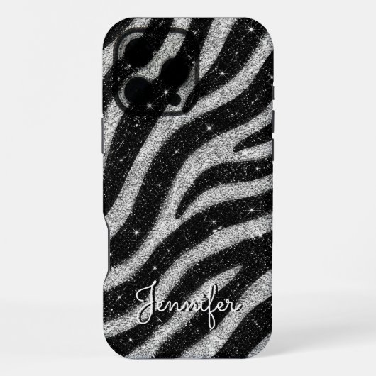 Silver Glitter Zebra Print Glam Personalized Name iPhone Hülle (Rückseite)