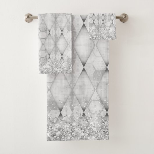 SIlver Glittery Abstrakt Harlequin Badhandtuch Set (Insitu)