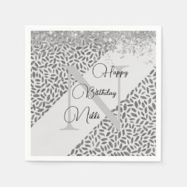 Silver Glittery Feathers Monogram Birthday Serviette