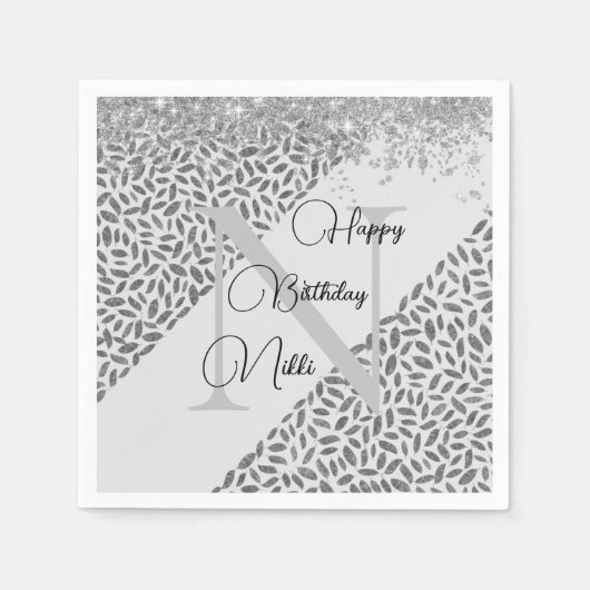Silver Glittery Feathers Monogram Birthday Serviette (Vorderseite)