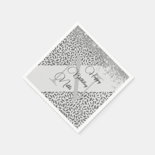 Silver Glittery Feathers Monogram Birthday Serviette (Ecke)