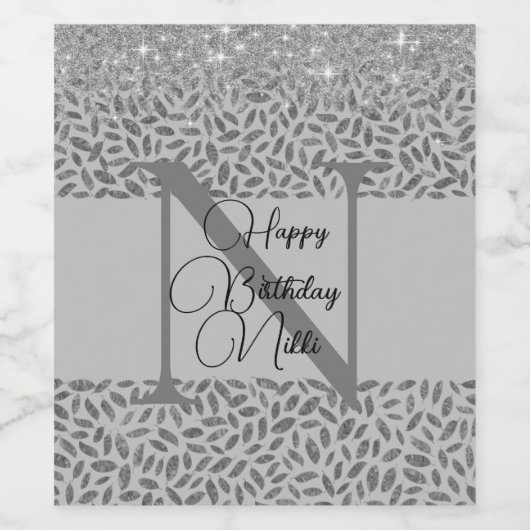 Silver Glittery Feathers Monogram Birthday Weinetikett (Einzelnes Label)