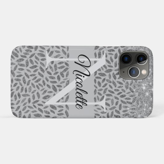 Silver Glittery Feathers Monogram Elegant Case-Mate iPhone Hülle (Rückseite (Horizontal))