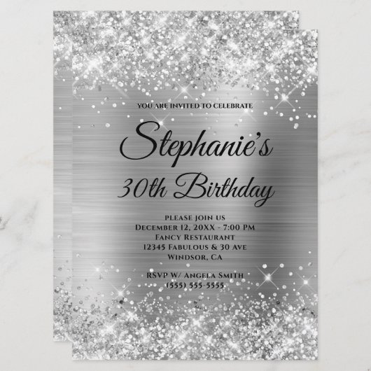 Silver Glittery Foil Extravagant Monogram 30. Gebu Einladung (Vorne/Hinten)