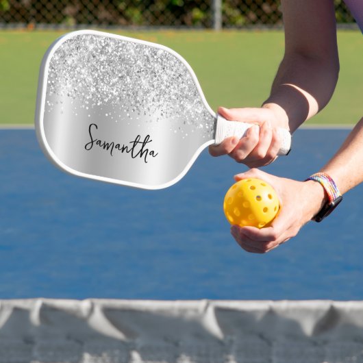Silver Glittery Glam Shimmer Gradient Script Name Pickleball Schläger (InSitu)