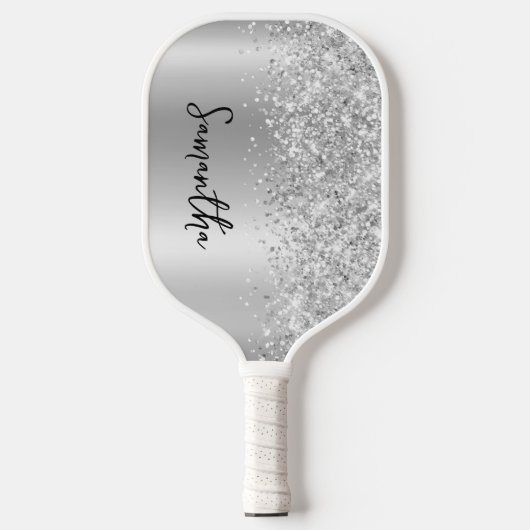 Silver Glittery Glam Shimmer Gradient Script Name Pickleball Schläger (Vorderseite)