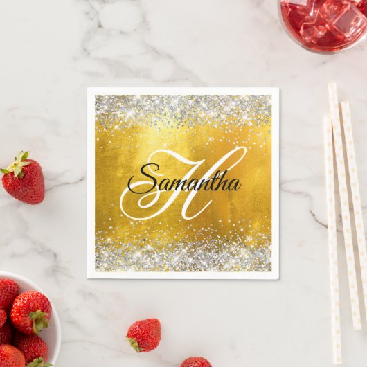 Silver Glittery Gold Foil Extravagant Monogram Serviette (Beispiel)