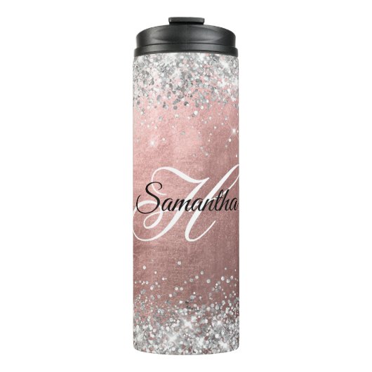 Silver Glittery Rose Gold Foil Extravagante Monogr Thermosbecher (Vorderseite)