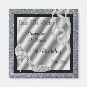 Silver Glittery Stiletto & Streamers 17. Geburtsta Magnet (Vorne)