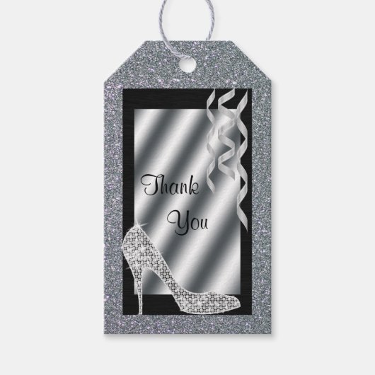 Silver Glittery Stiletto & Streamers 18. Geburtsta Geschenkanhänger (Vorderseite)