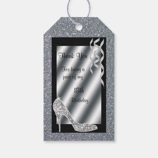 Silver Glittery Stiletto & Streamers 18. Geburtsta Geschenkanhänger (Rückseite)