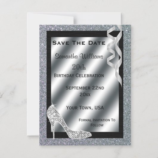 Silver Glittery Stiletto & Streamers 20. Geburtsta Magneteinladung (Vorderseite)