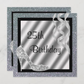 Silver Glittery Stiletto & Streamers 25. Geburtsta Einladung (Vorne/Hinten)