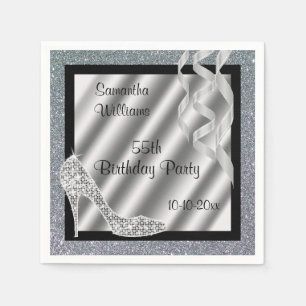 Silver Glittery Stiletto & Streamers 55. Geburtsta Serviette