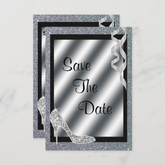 Silver Glittery Stiletto & Streamers 60. Geburtsta Save The Date (Vorne/Hinten)