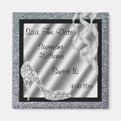 Silver Glittery Stiletto & Streamers Sweet 16 Magnet (Vorne)