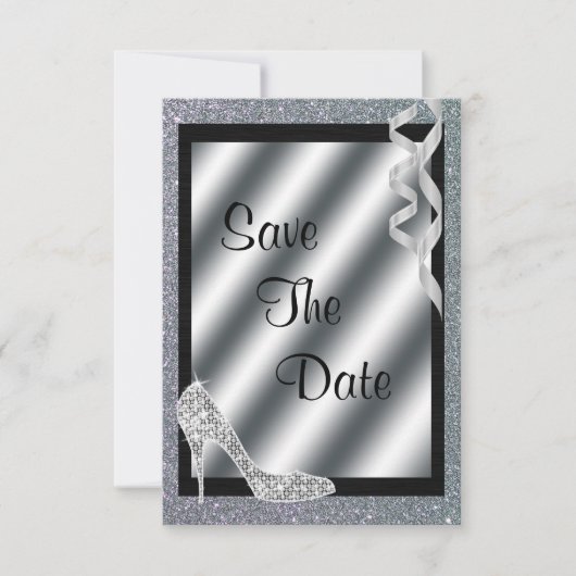 Silver Glittery Stiletto & Streamers Sweet 16 Save The Date (Vorderseite)