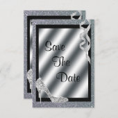Silver Glittery Stiletto & Streamers Sweet 16 Save The Date (Vorne/Hinten)