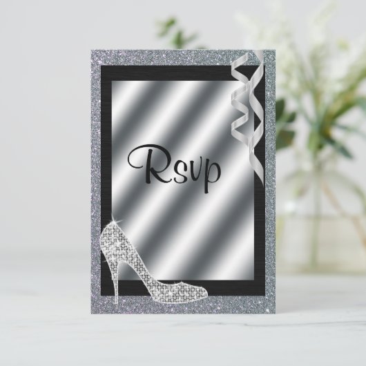 Silver Glittery Stiletto & Streamers UAWG RSVP Karte (Stehend Vorderseite)