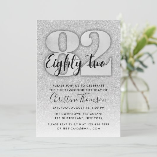 Silver Glitzer 82. Geburtstag Einladung (Stehend Vorderseite)