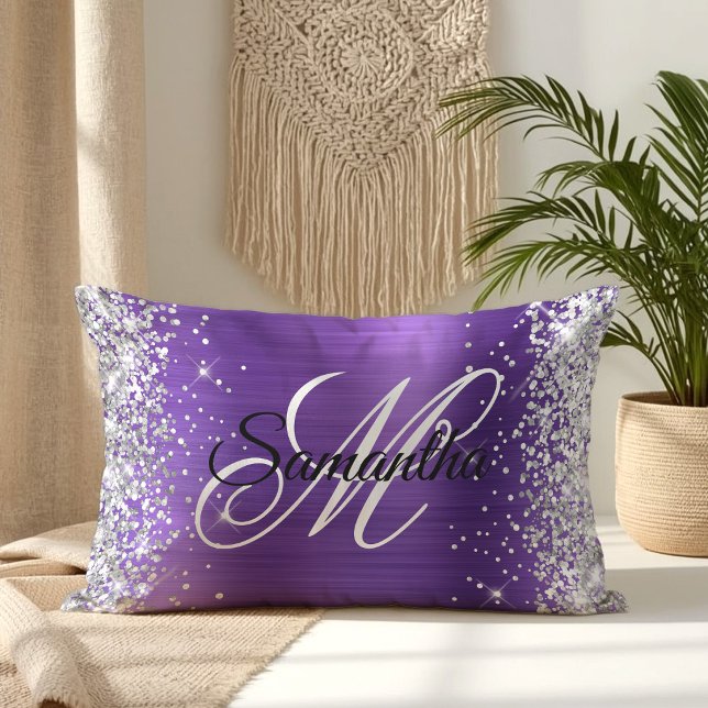 Silver Glitzer Amethyst Foil Extravagant Monogramm Lendenkissen (Silver Glitter Amethyst Foil Fancy Monogram Lumbar Pillow)