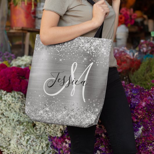 Silver Glitzer and Foil Girl Mit Monogramm Tasche