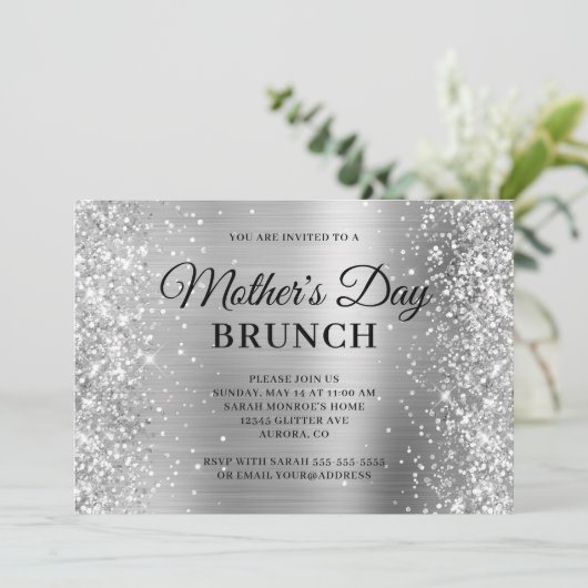 Silver Glitzer and Foil Mother's Day Brunch Einladung (Stehend Vorderseite)