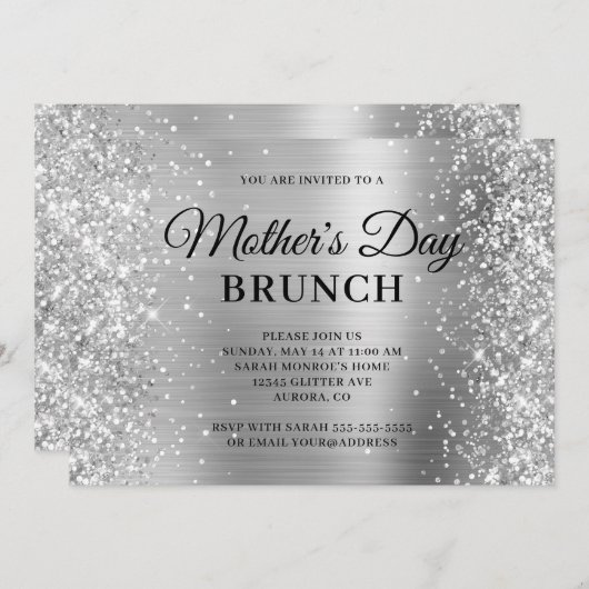 Silver Glitzer and Foil Mother's Day Brunch Einladung (Vorne/Hinten)