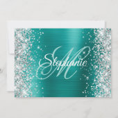 Silver Glitzer Aqua Aquamarin Monogram 40. Geburts Einladung (Rückseite)
