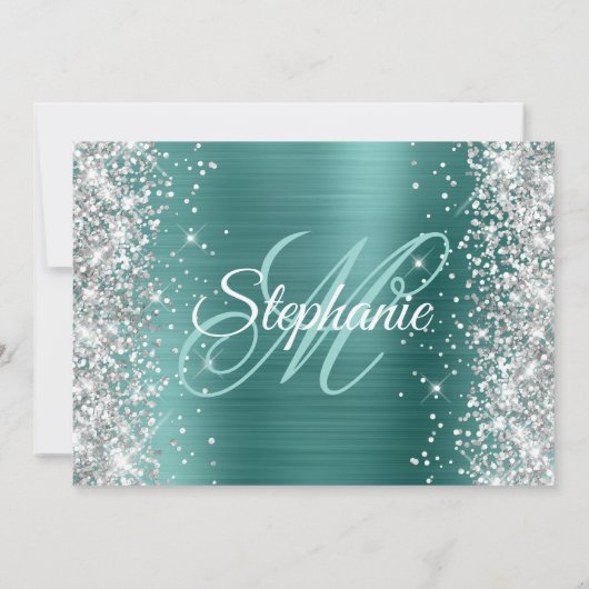 Silver Glitzer Aqua Aquamarin Monogram 40. Geburts Einladung (Rückseite)