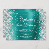 Silver Glitzer Aqua Aquamarin Monogram 40. Geburts Einladung (Vorne/Hinten)