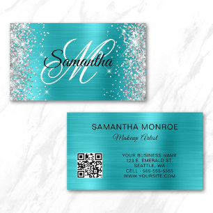 Silver Glitzer Aqua Blue Foil Monogram QR Code Visitenkarte