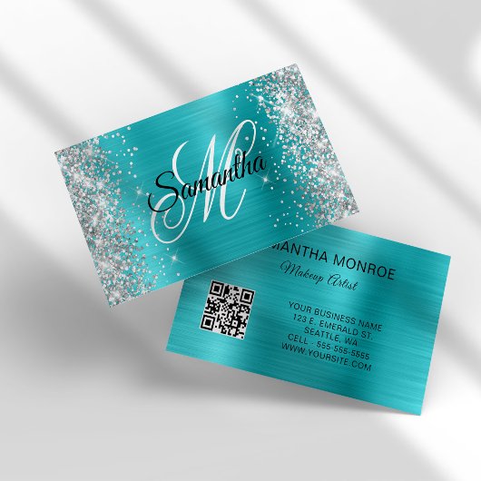 Silver Glitzer Aqua Blue Foil Monogram QR Code Visitenkarte