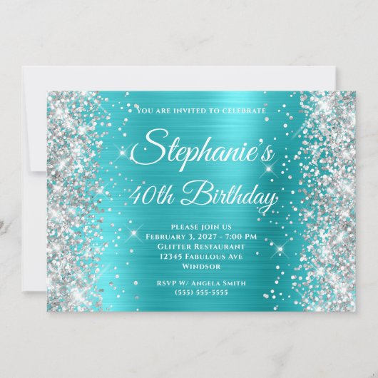 Silver Glitzer Aqua Blue Monogram 40. Geburtstag Einladung (Vorderseite)