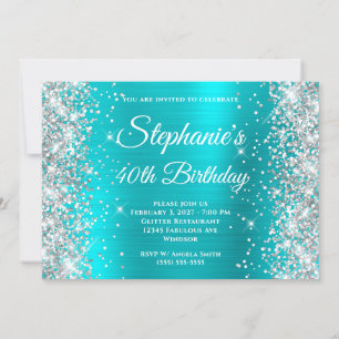 Silver Glitzer Aqua Blue Monogram 40. Geburtstag Einladung