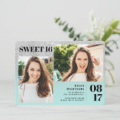 Silver Glitzer aquamarin 3 Fotos Sweet 16 Geburtst Einladung (Stehend Vorderseite)