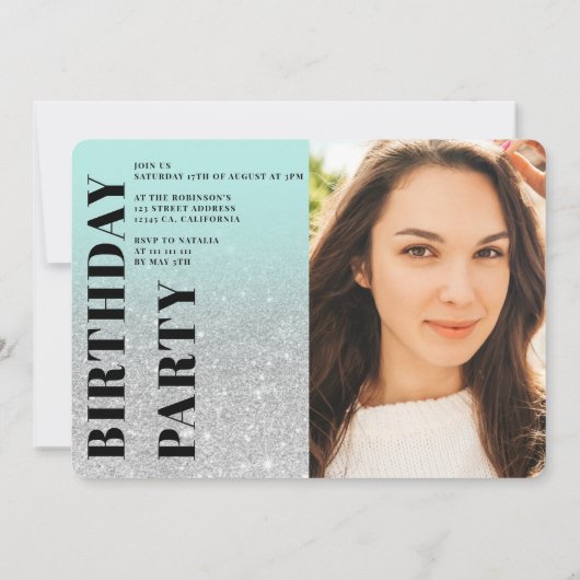 Silver Glitzer aquamarin 3 Fotos Sweet 16 Geburtst Einladung (Rückseite)