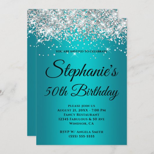 Silver Glitzer Aquamarin Blue Türkise Gradient Einladung (Vorne/Hinten)