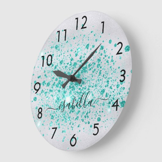 Silver Glitzer aquamarin-Green-Name-Skript Große Wanduhr (Winkel)