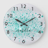 Silver Glitzer aquamarin-Green-Name-Skript Große Wanduhr (Vorderseite)