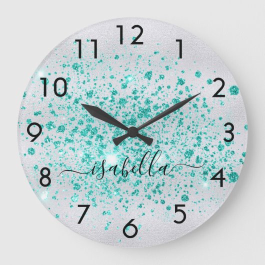 Silver Glitzer aquamarin-Green-Name-Skript Große Wanduhr (Vorderseite)