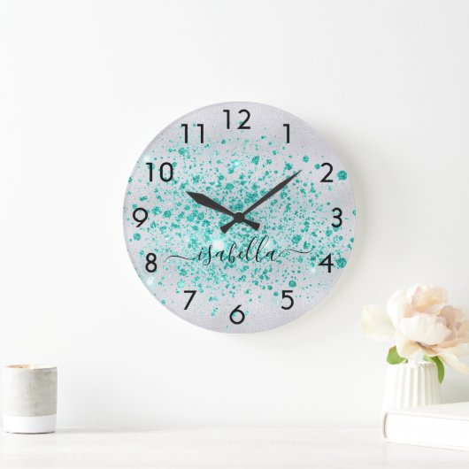 Silver Glitzer aquamarin-Green-Name-Skript Große Wanduhr (Zuhause)