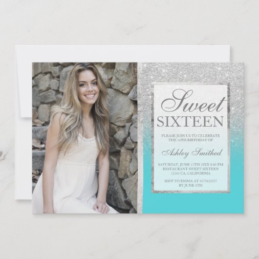 Silver Glitzer aquamarin ombre Foto Sweet 16 Einladung (Vorderseite)