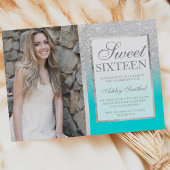 Silver Glitzer aquamarin ombre Foto Sweet 16 Einladung