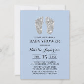 Silver Glitzer Baby Feet Light Blue Baby Dusche Einladung (Vorderseite)