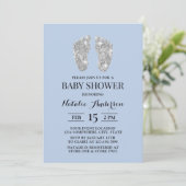 Silver Glitzer Baby Feet Light Blue Baby Dusche Einladung (Stehend Vorderseite)