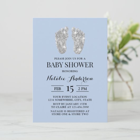 Silver Glitzer Baby Feet Light Blue Baby Dusche Einladung (Stehend Vorderseite)