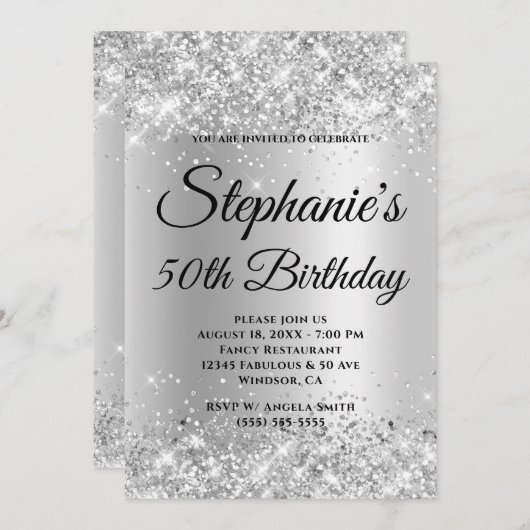 Silver Glitzer Bale Gray Gradient Einladung (Vorne/Hinten)